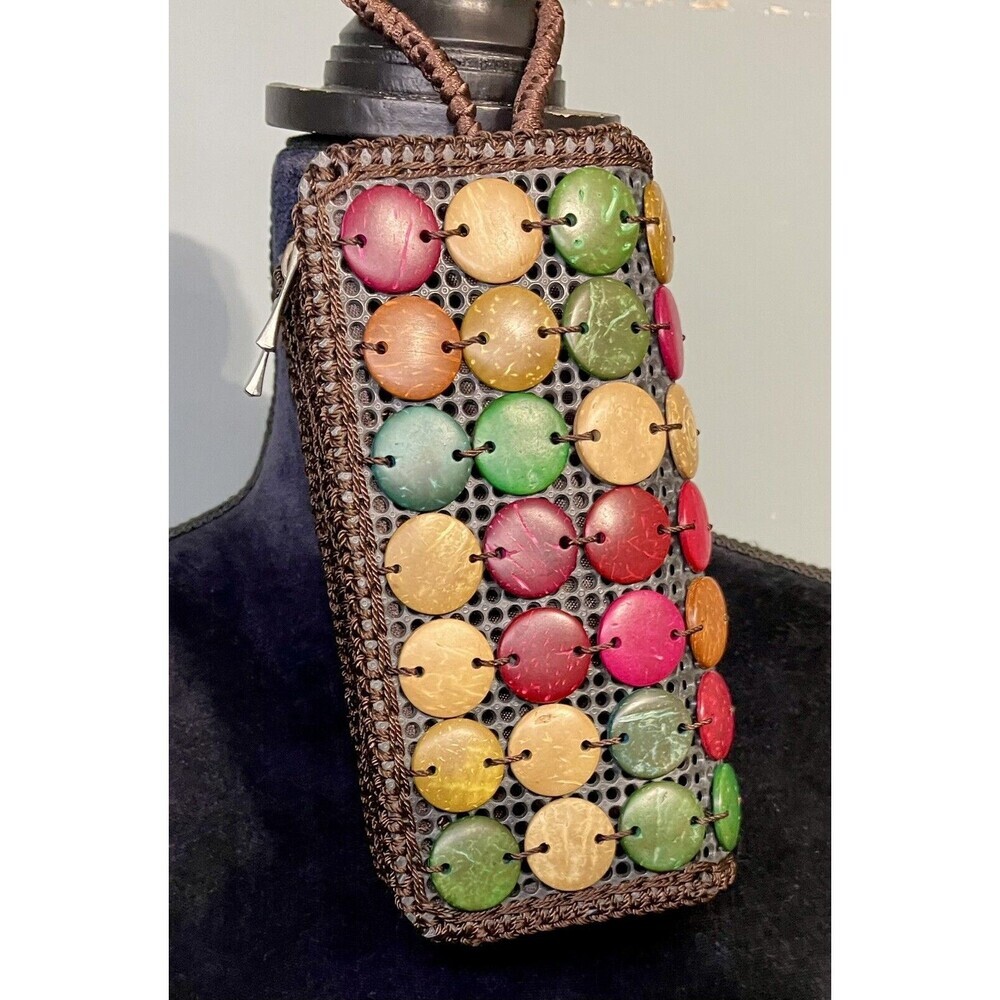 Crochet Multicolor Wooden Women’s Wallet Wristlet Barrel Shaped Zip Structured